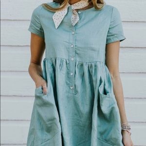 Roolee Blue Linen Button-Down Midi Dress
